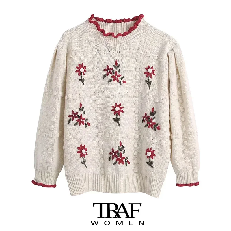

Женский трикотажный свитер с цветочной вышивкой и круглым вырезом