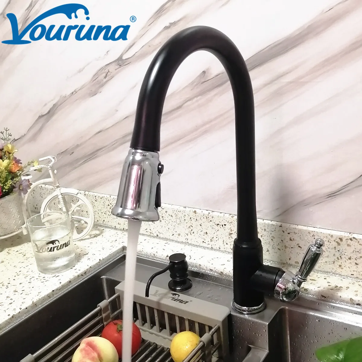 VOURUNA New Design High Quality Solid Brass Single Handle Black Sink Mixer Taps White Pullout Kitchen Faucet | Строительство и