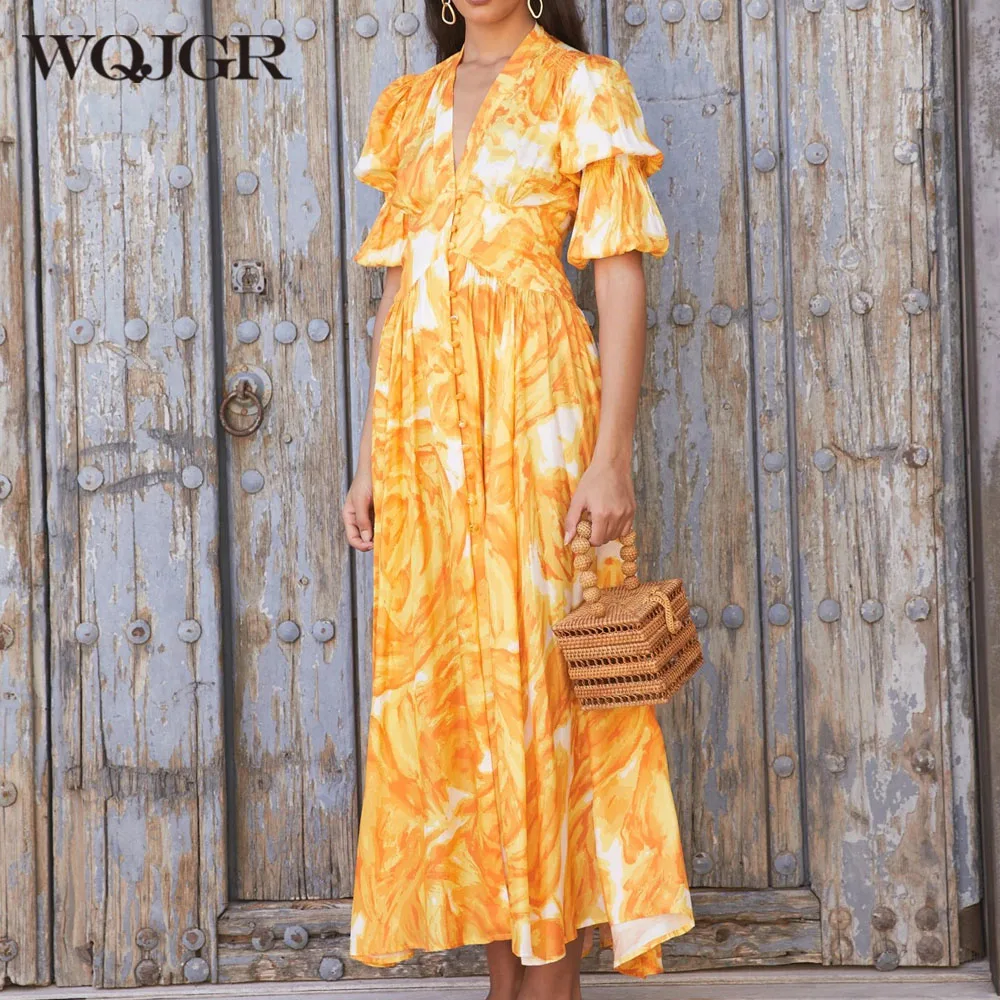 

WQJGR Summer Dresses Women Party Night 2021 Short Sleeve V-Neck Yellow Vestidos De Fiesta Fashion Wrap Sundress Robe