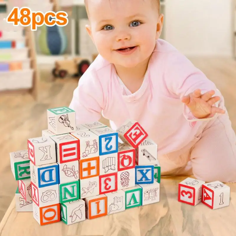 

48 Wooden ABC & 123 Building Blocks Kids Alphabet Letters Numbers Bricks Toy Set Early Educational Toy Geometric Assembling Toy