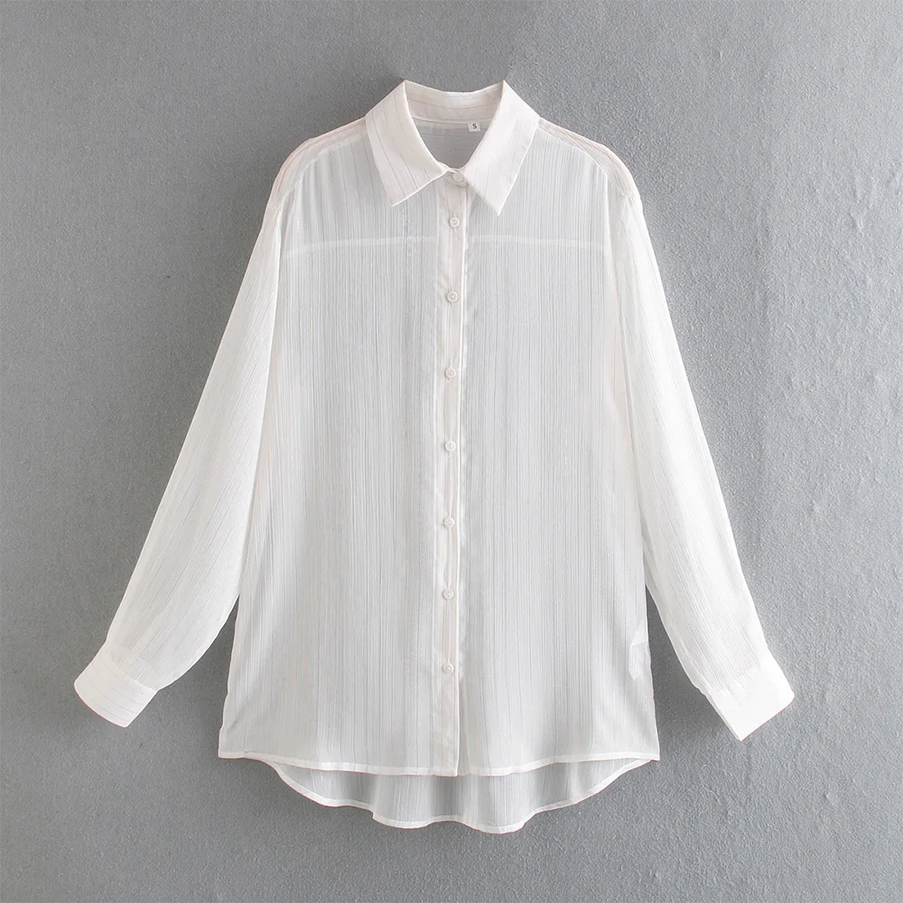 

Turn-Down Collar Button Up Metallic Thread Striped Shirt Women Semi Sheer Top Long Sleeve Loose Elegant White Chiffon Blouse