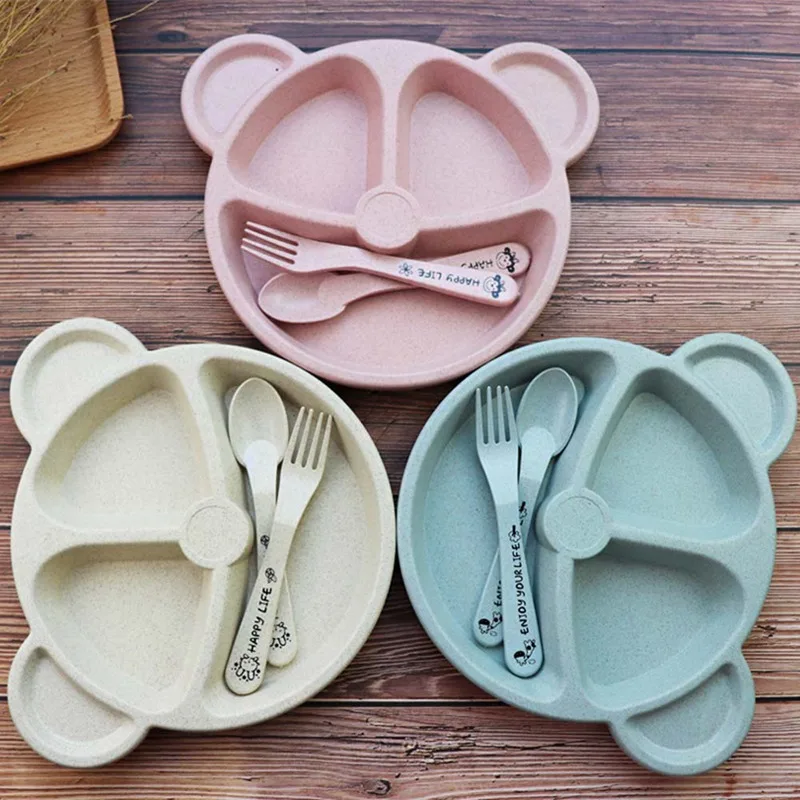 

3pcs/Set Baby Dinner Plate Bowl Spoon Fork Feeding Set Tableware Cartoon Bear Shaped Kids Divided Dishes Eating Dinnerware