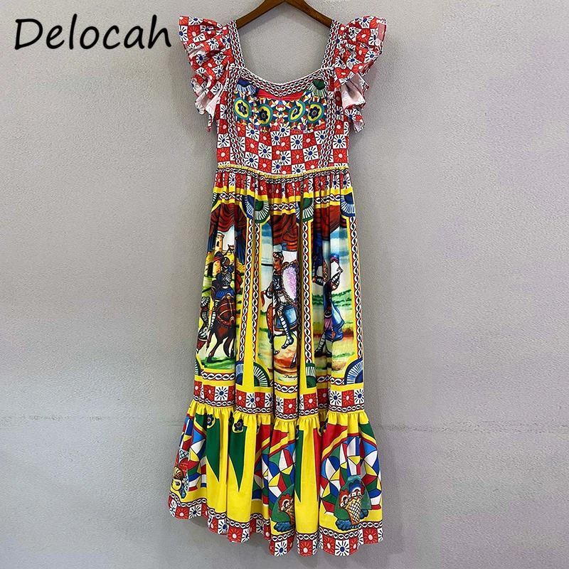 

Delocah New 2021 Autumn Women Fashion Runway A-Line Dress Short Sleeve Gorgeous Ruffles Vintage Printed Midi Dresses Vestidos