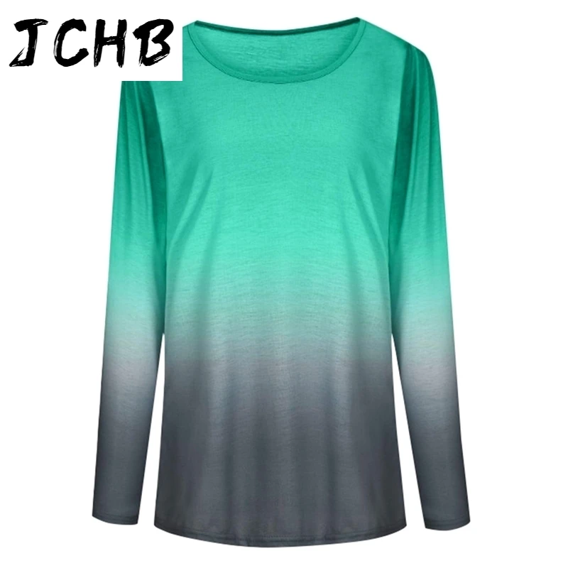 

Winter Autumn Gradient Print Women T-shirt Casual O Neck Long Sleeve Rainbow Pullover Tops Lady Loose Basic Tshirt Plus Size 5XL