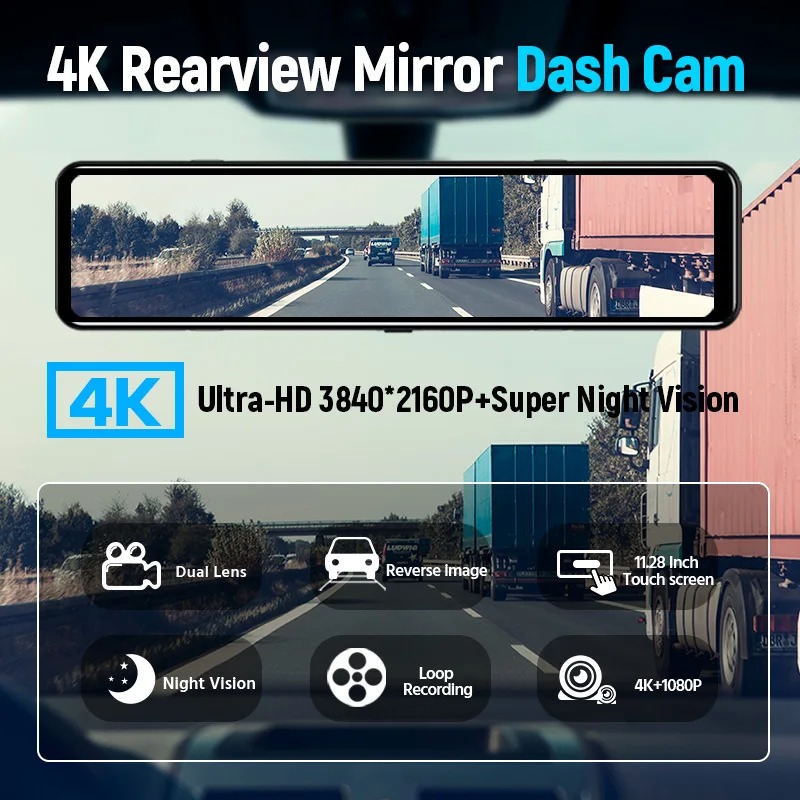 Двойной видеорегистратор E-ACE 4K Автомобильный зеркало заднего вида 12 дюймов 3840*2160P