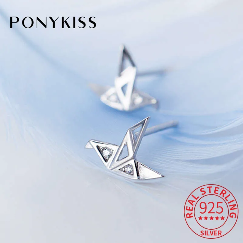 

PONYKISS Настоящее серебро 925 проба Циркон тысячи бумажный журавль серьги гвоздики женские вечерние шикарные серьги аксессуары девушка прекра...