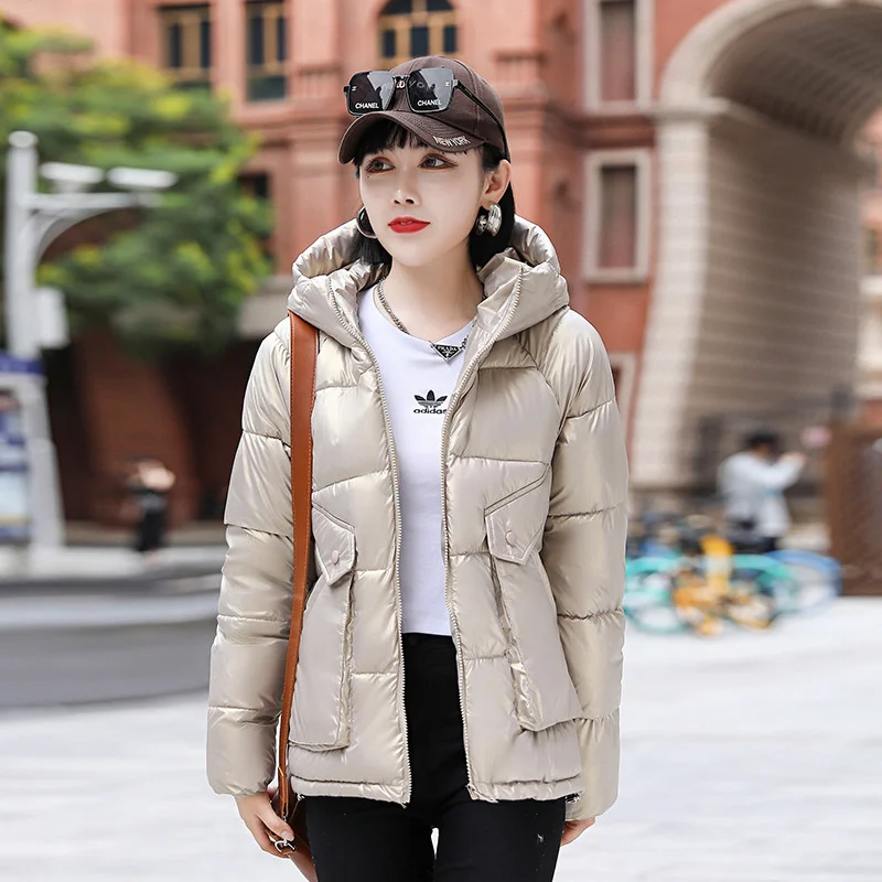 

2021 winter new Korean fashion short down cotton women's hooded bright face temperament with jacket parkas