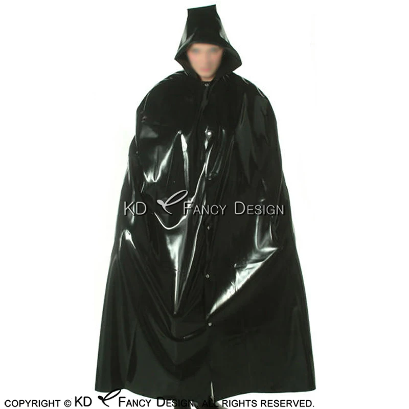 

Black Sexy Latex Robe With Hoodies Buttons At Front Rubber Coat Jacket YF-0103