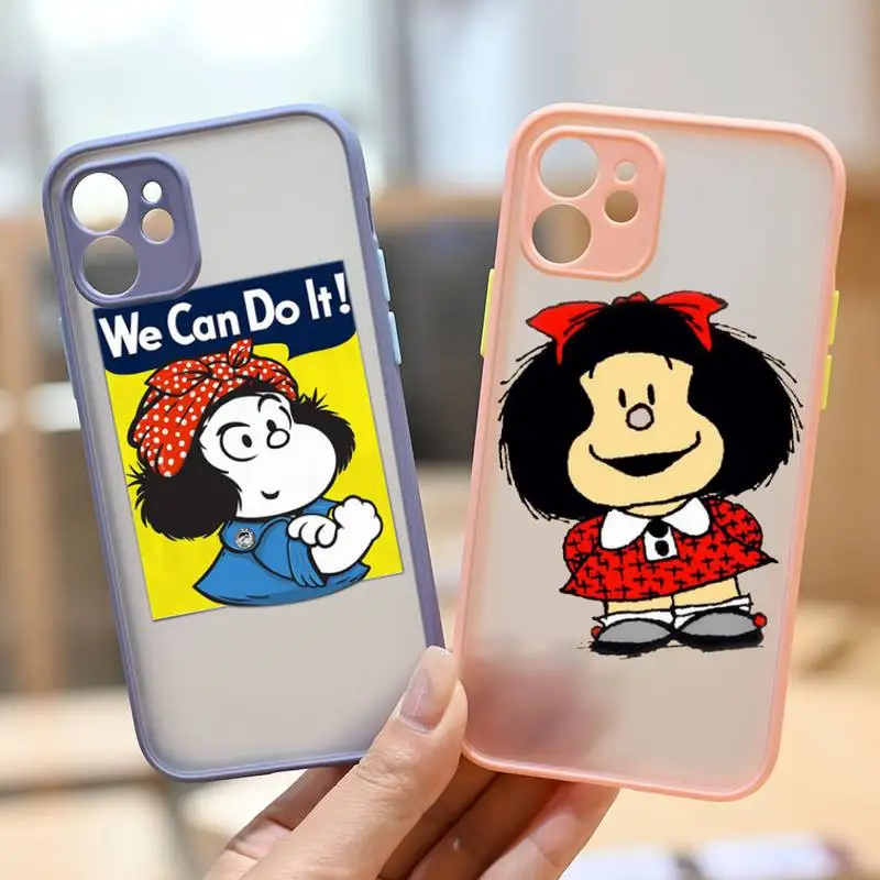 

Cartoon Hot Mafalda Phone Case Dark Blue Transparent Matte For IPhone 7 8 11 12 S Mini Pro X XS XR MAX Plus Cover Shell