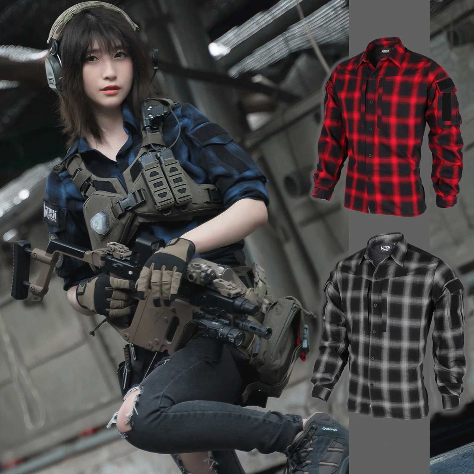 

[TRN]BAC Spring Autumn Commuter Tactical Plaid Shirt Combat Clothes - S M L XL XXL(Blue) Thin Version