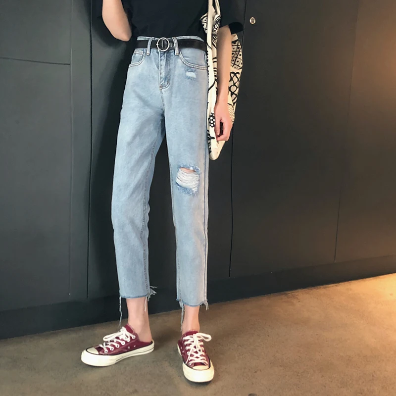 Корейский стиль ретро Высокая Талия Свободные джинсы для девушек студенток мыть