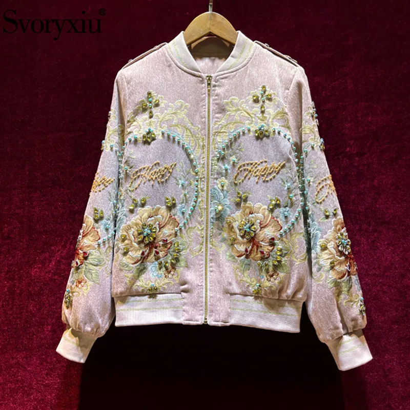 

Svoryxiu Runway Designer Autumn Winter Fashion Jackets Coat Women's Manual Beaded Diamond Flower Print Jacquard Short Outwear