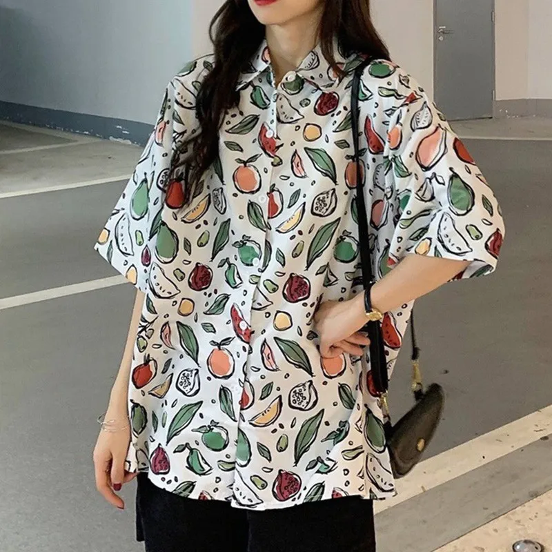 

Women Loose Hip-hop Streetwear Shirt Vintage Hawaii Print Button Down Harajuku Ladies Tops Summer Oversized Blouse