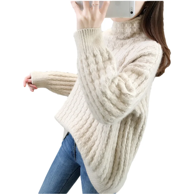 

2021 Turtleneck Knitted Sweater Women Winter Thicken Loose Autumn Fashion Warm Long Sleeve Tops Straight Solid Pullover Clothes