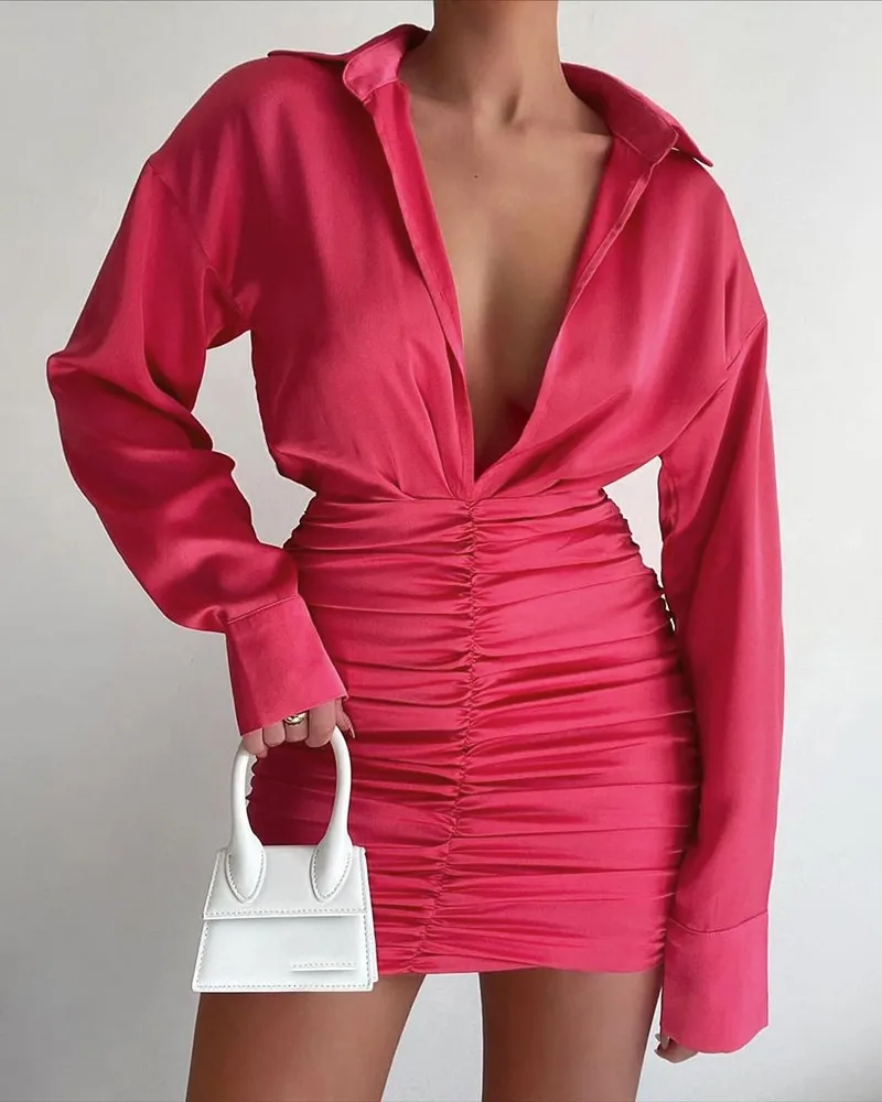 

women's Long Sleeve Skinny Ruched Shirt Dress autumn 2021 new sheath mini dresses
