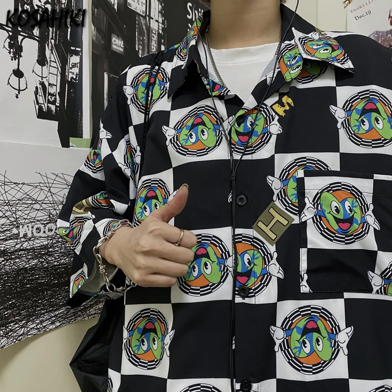 

KOSAHIKI Vitage Short Sleeve Loose Women Shirt Cartoon Print Y2K Harajuku Button Up Blusas Womens Shirts Ins Tops Streetwear