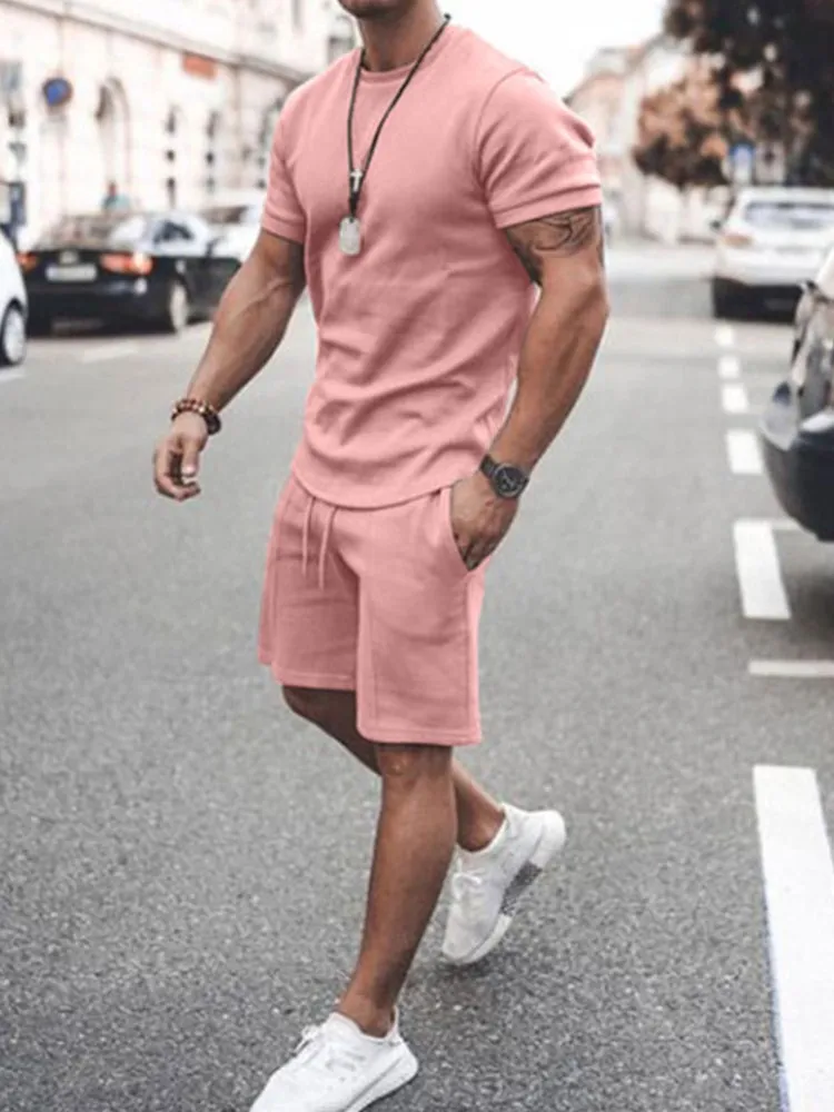 

2021 Men's Casual Sets Shor T-shirt+Shorts 2-Piece Set Summer Male loose Solid Suit Stretch Cotton Jogging Tracksuit Set S-3XL