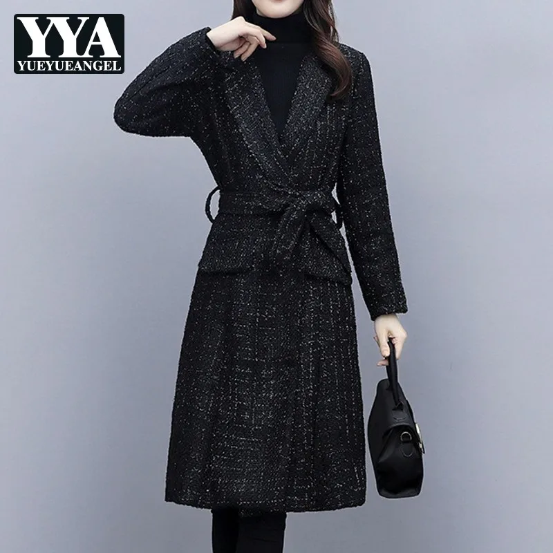 

Womens Winter Oversized Long Woolen Coat Sweet Loose Pockets Plaid Spliced Slim Turn-Down Collar Single Breasted Sashes Trench