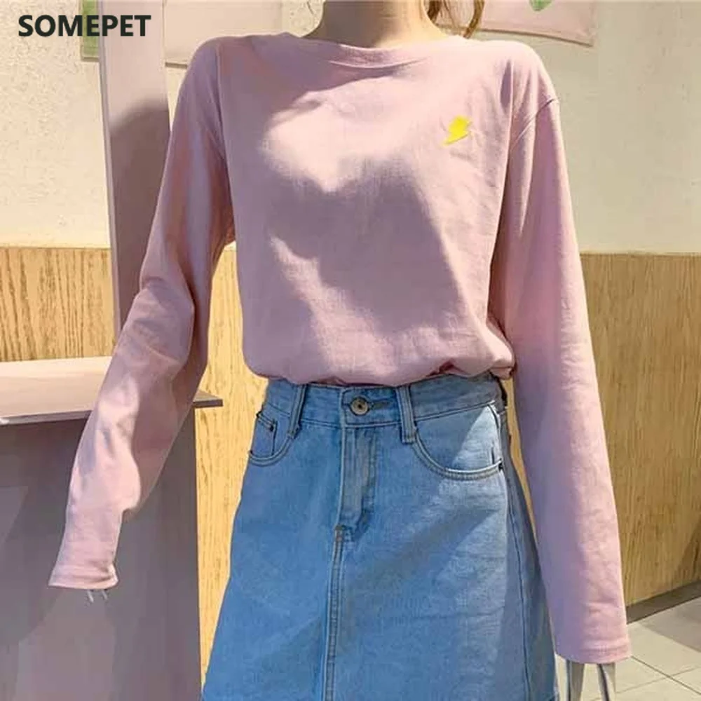 

Harajuku Vintage t shirt Girlfriends kawaii rainbow stripe t-Shirts autumn Women Casual Loose long Sleeve pink Top Femme