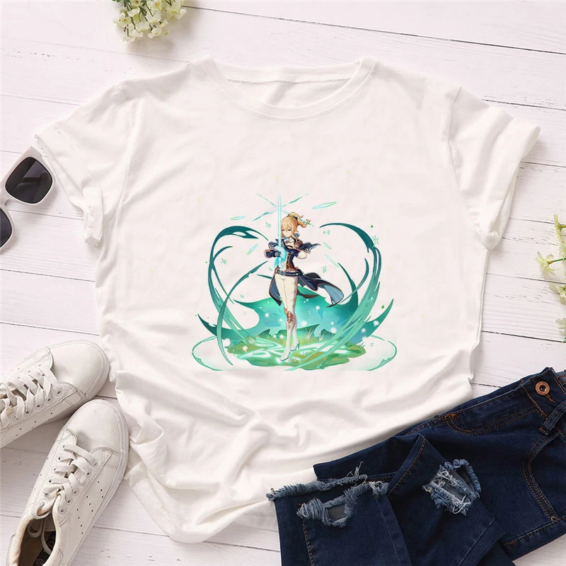 

White Fashion Women's Shirt Genshin Impact Printed Kawaii Female Blouses Girl's Summer Short-sleeved Casual Street Clothing