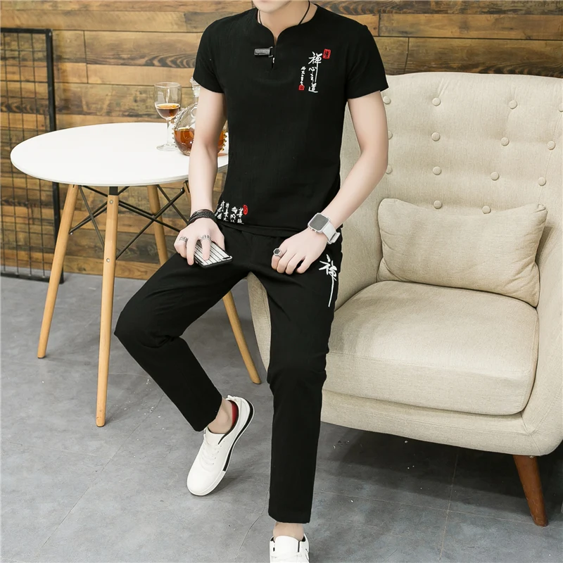 

2020 new men's cotton and linen sets large size 6XL Chinese style men embroidery T-shirt and trousers