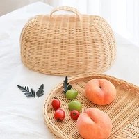 rattan storage tray with cover hand woven wicker baskets bread fruit food breakfast display box for food fruit cake