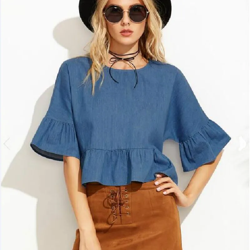 Женская джинсовая футболка с воланом круглым вырезом и рукавом бабочкой|Рубашки|