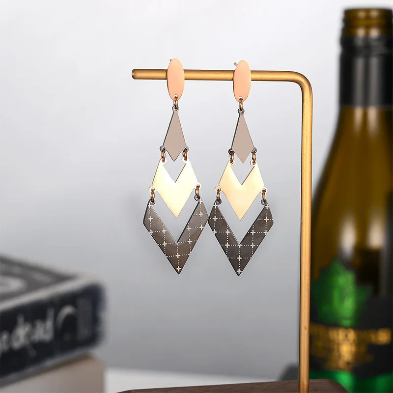 

One Piece Long Tassel Stud Earrings For Women Geometric Prismatic Stud Earrings Korean Fashion Stainless Steel Jewelry Gift E730