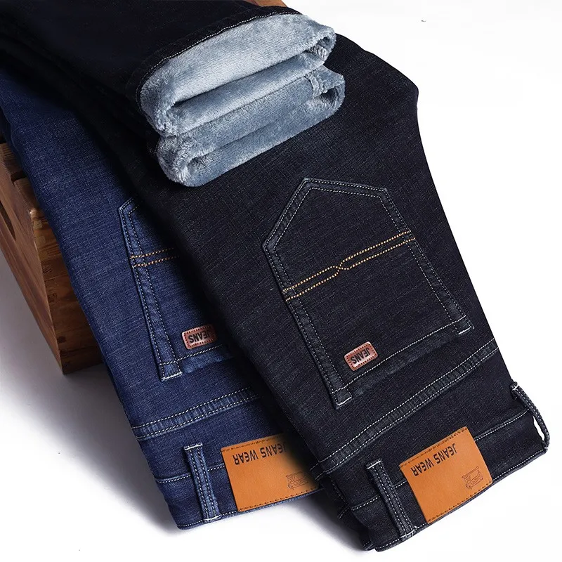 

2020 Winter New Men's Warm Blue Black Slim Jeans Classic Style Stretch Slim Fit Thick Pants Fashion Trousers Male Brand