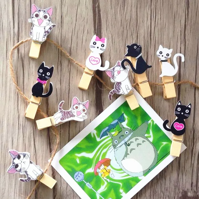 

10pcs Kawaii Japanese cat wooden clips with hemp rope Decoration Magnet Photo Memo Clip Wood material Craft Stationery Supplies