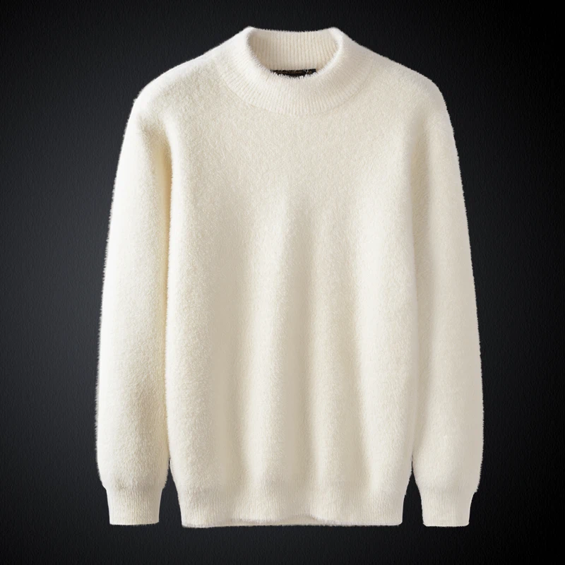 Autumn and Winter Half-High Collar Sweater Men's Mid-Collar Fleece Lined Padded Warm Keeping Mink Fur White Cotton Knitwear