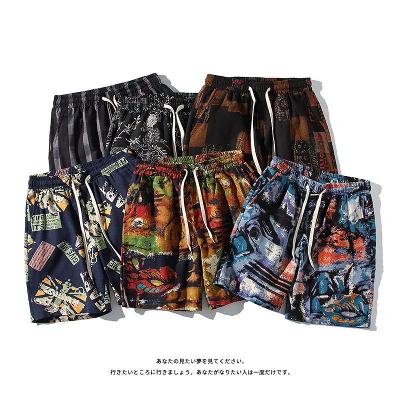 

2021 Japanese summer new plus size men's printed loose straight beach pants casual sports shorts
