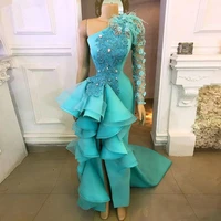 turquoise prom dresses sheath one shoulder appliques pearls feather slit sexy long prom gown evening dresses robe de soiree