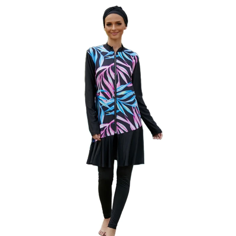 

Women Islamic 3pcs Burkini with Hijab Long Sleeve Zip Up Leaves Modest Swimsuit