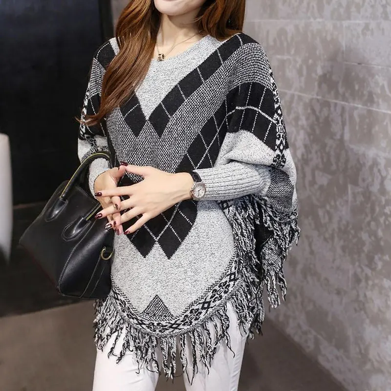 Women Oversized Sweaters Plaid Street Tassel Batwing Sleeve Midi Pullover Sweater Womens Capes and Ponchoes Knitwear Sudaderas | Женская