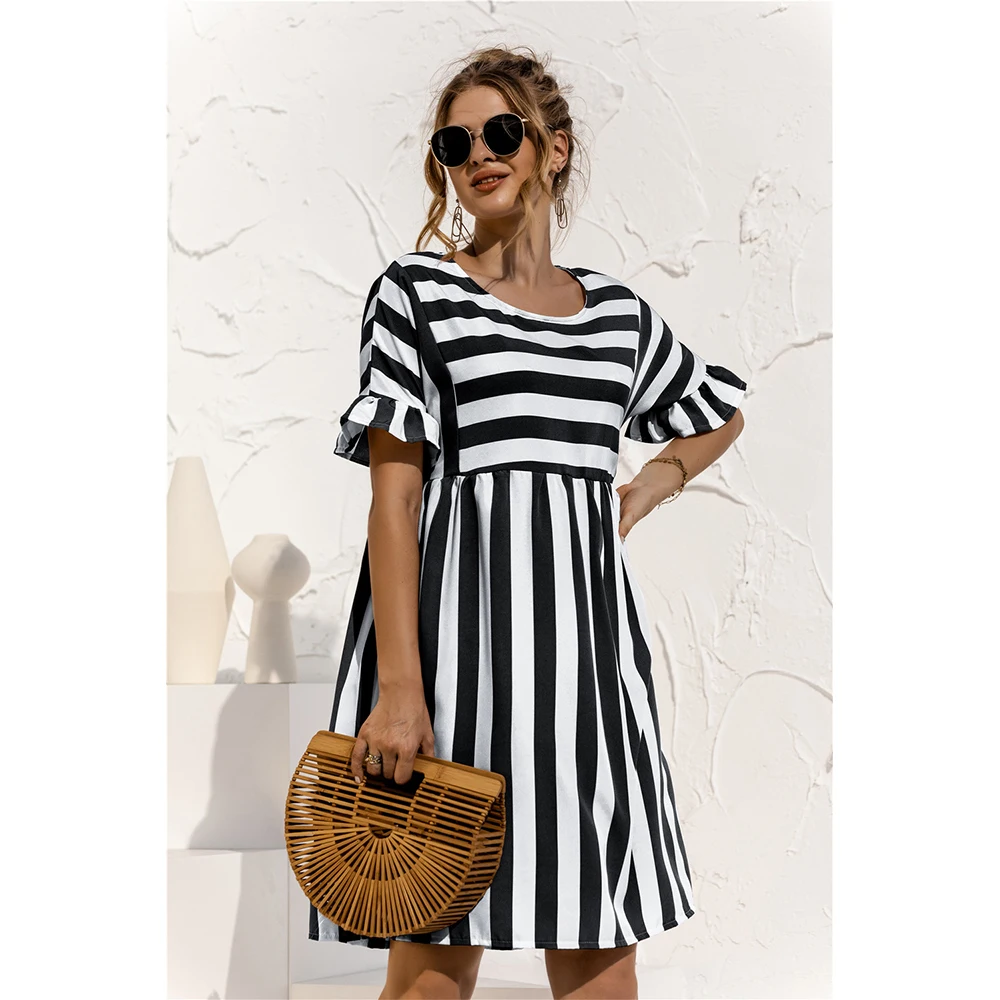 

Women Elegant Ruffle Sleeve Striped Patchwork A Line Dress 2021 Summer Casual High Waist O Neck Loose Pocket Dress Beach Wear
