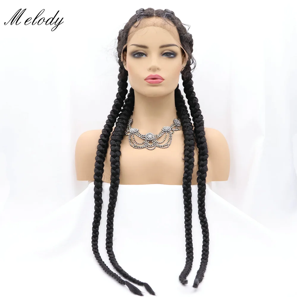 Melody Wigs Long Braided Wig 1B Black Color Hair Highlight Big Braiding Synthetic Lace Front Wig with Four Braids for Women