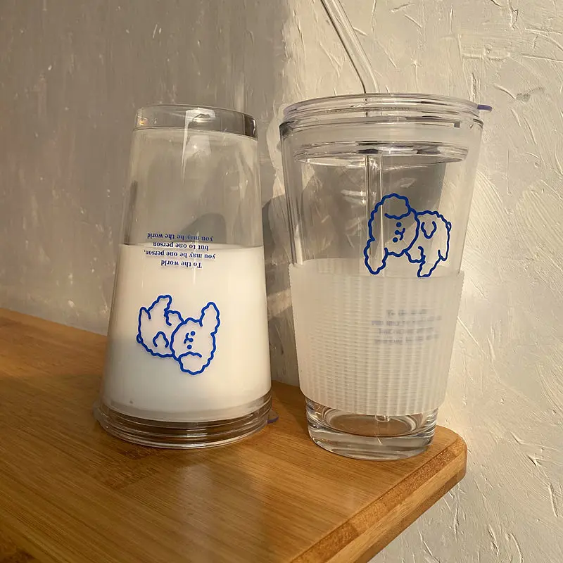 Термостойкая стеклянная чашка для воды с крышкой соломинка креативная