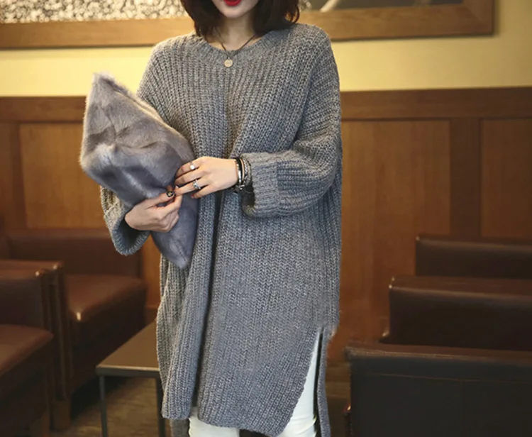 Europen Women Autumn Winter Long Pull Sweaters O neck Side Split Oversize Knitted Sweater Pullovers Fall Thick Sweaters