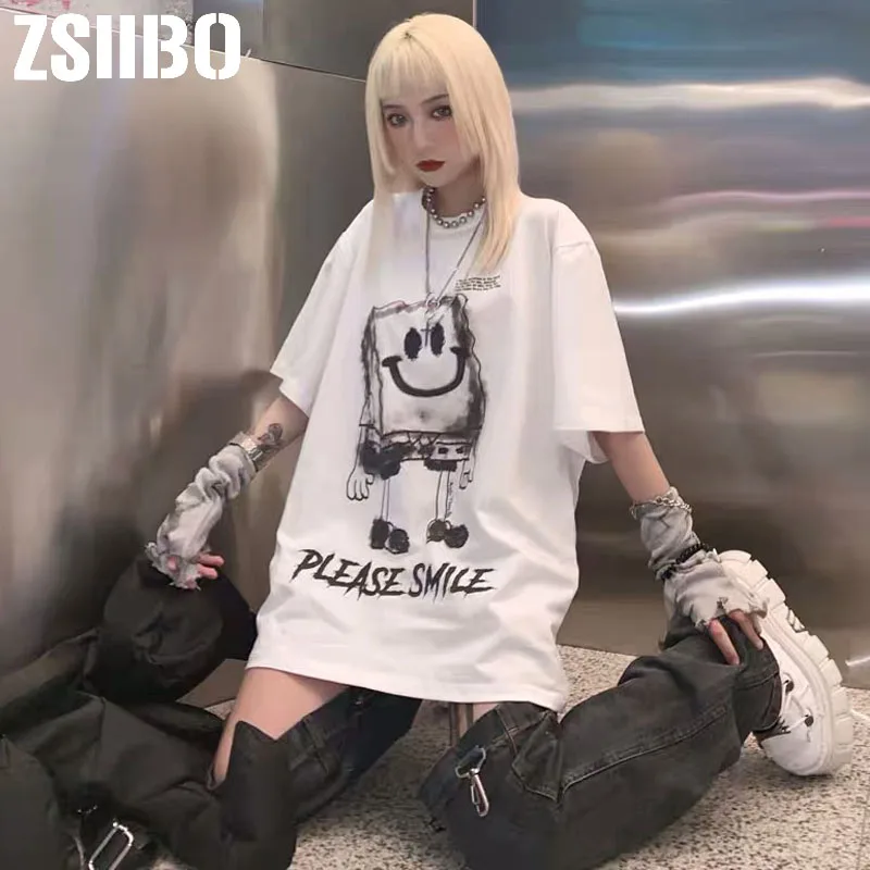 Корейская футболка в стиле хип хоп с изображением Губки Боба женская Харадзюку