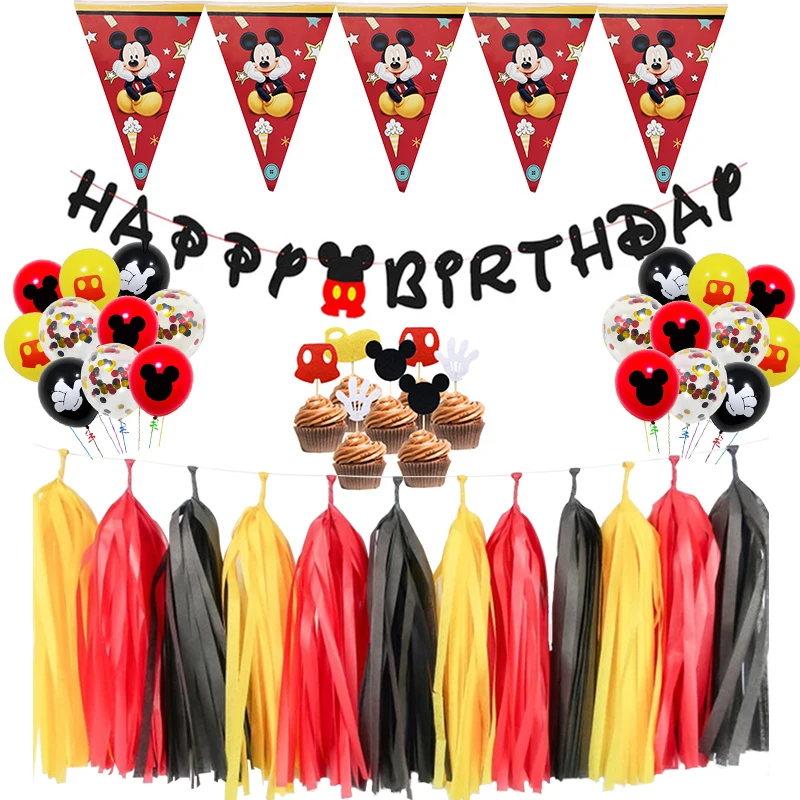 

45pcs/lot Mickey mouse Decorations Kids Baby Shower Banner Cake decoration Tassel Birthday Party Decor Supplies Dinner Set