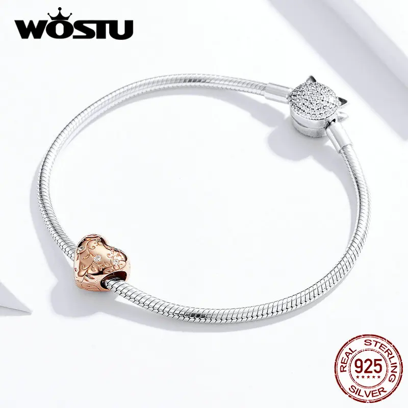 WOSTU 925 пробы Серебряный цветок Ретро узор сердце бусины Розовое Золото Шарм Подходит браслет кулон DIY Ювелирные изделия FIC1323-C