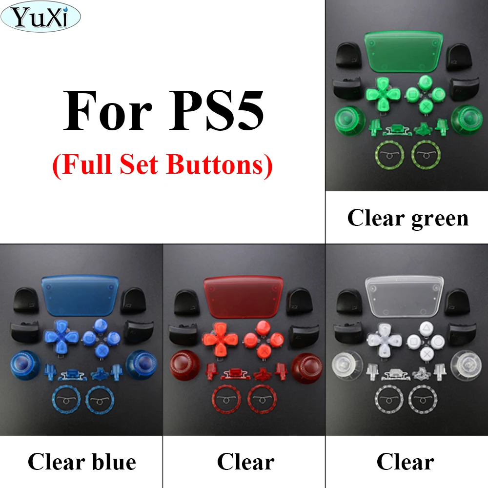 

YuXi Replacement D-pad R1 L1 R2 L2 Triggers Share Options Clear Transparent Full Set Buttons + Accent Rings for PS5 Controller