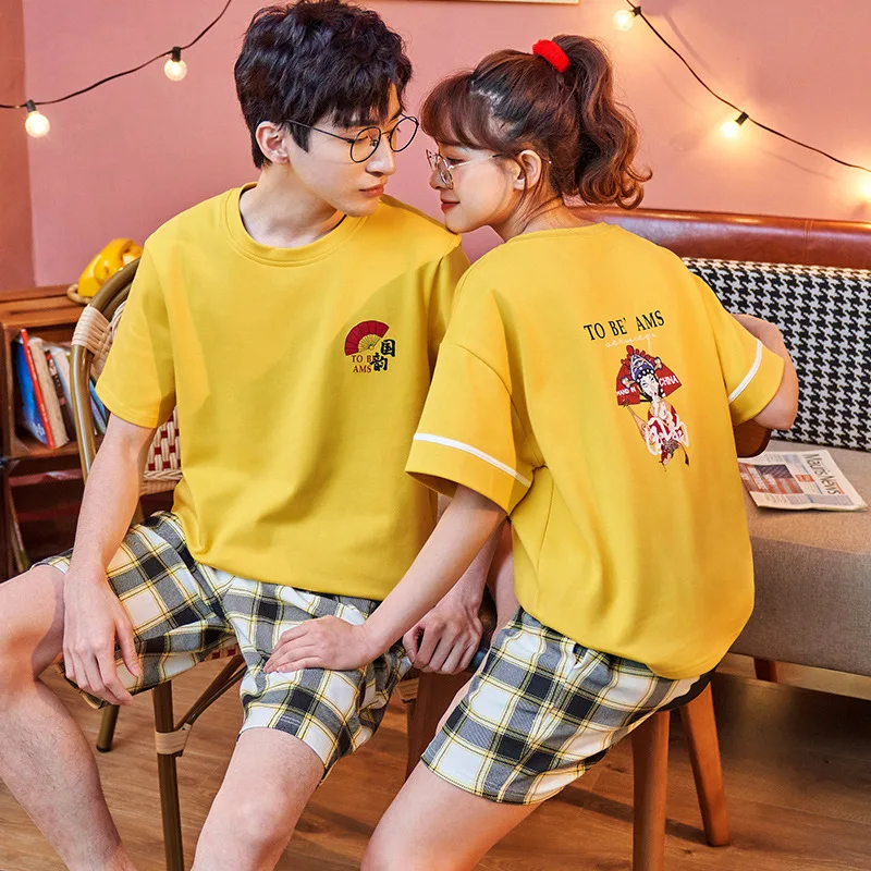 2021 Couple Pajamas Summer Short Sleeve Pure Cotton Nightwear Thin Size Loose Men's and Women's Suit Home Clothes Sleepwear