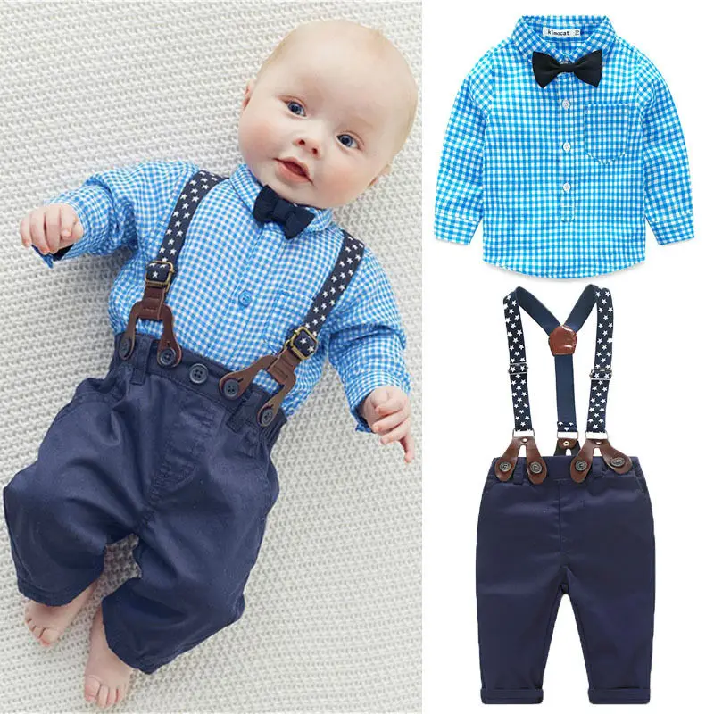 

Новинка, клетчатая рубашка с галстуком-бабочкой, брюки на подтяжках для мальчиков, Официальный Свадебный комплект одежды для детей
