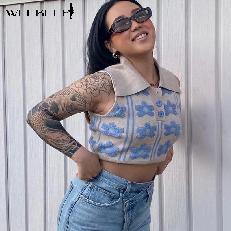 

Weekeep Cute Blue Floral Knitted Cropped Top Women Sleeveless Turn Down Neck Patchwork Vest Summer Casual Fashion y2k Streetwear