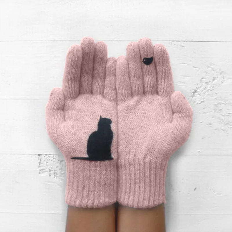 

2021 Women Girls Gloves Autumn Winter Lovers Warm Animal Cat Printed Knitted Gloves Thermal Gloves Mittens Boys Give Girls Gifts