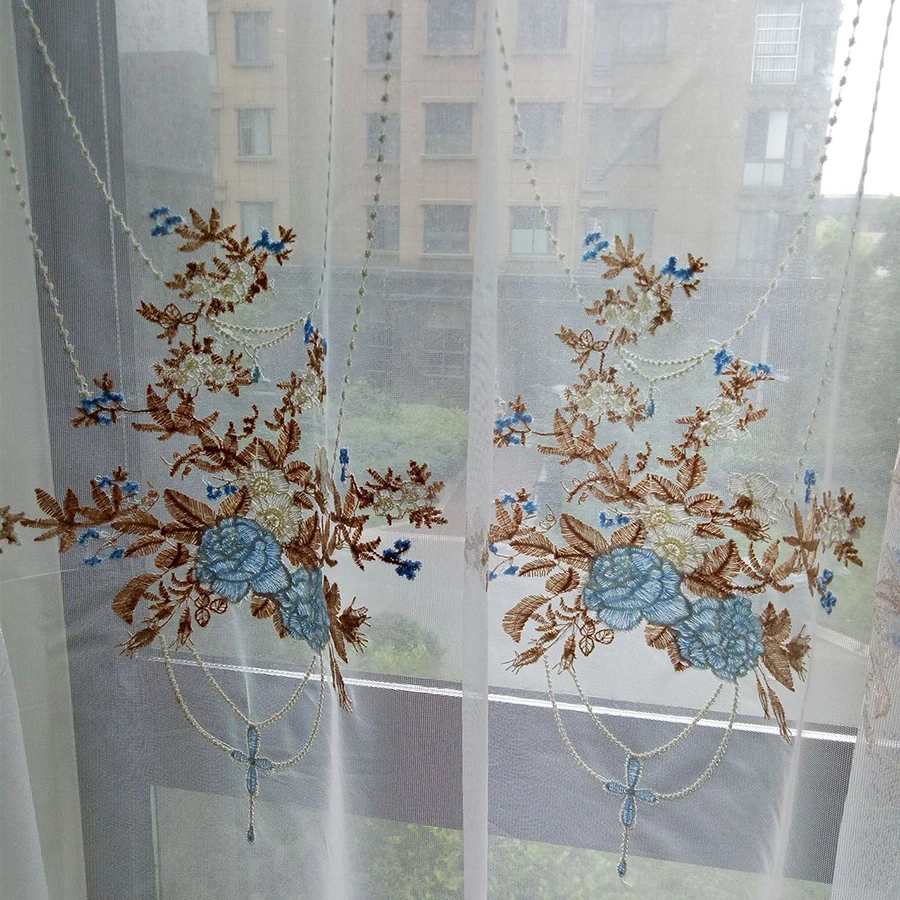 Luxury Lace Blue Embroidered Curtains Sheer For Living Room Pink-purple Romantic Princess Window Screen Kitchen Tulle Drapes | Дом и сад