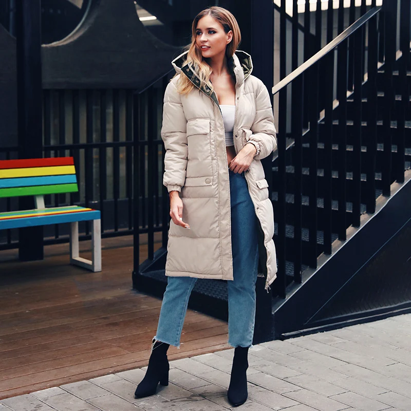 

Magiray Hooded Pocket Thick Ladies Coat Long Coats Parka Oversize Jacket Mid-long Women Winter Jacket Women Runway Tops Black