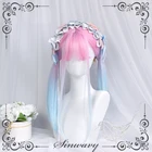 Женский неоновый парик Лолита с градиентом, розово-голубой, длинные прямые волосы, милая челка, для взрослых, для девочек, для косплея, повседневная одежда